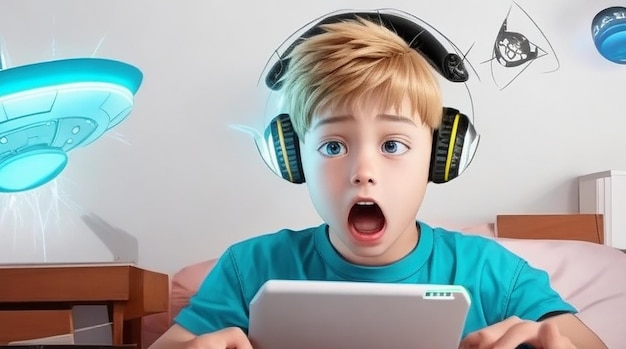Geschokte jongen speelt met online ufo-videogamesconcept technologie en entertainment