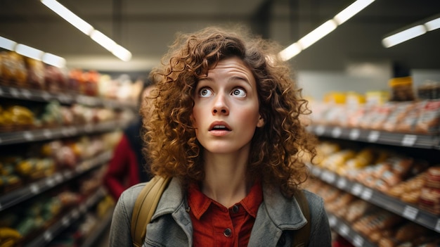 Geschokte vrouw die vol ongeloof naar de supermarktprijzen kijkt terwijl ze in de supermarkt koopt