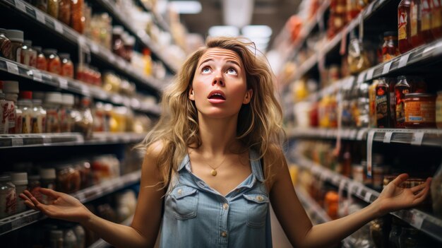 Geschokte vrouw die vol ongeloof naar de supermarktprijzen kijkt terwijl ze in de supermarkt koopt