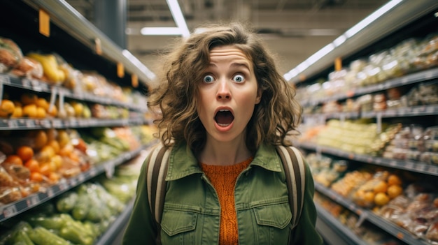 Foto geschokte vrouw kijkt ongelovig naar de prijzen van levensmiddelen tijdens het winkelen in de supermarkt