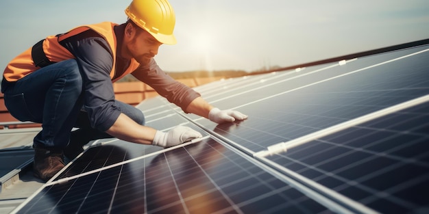 Geschoolde ingenieur aan het werk die zonnepanelen op een dak installeert voor milieuvriendelijke energie