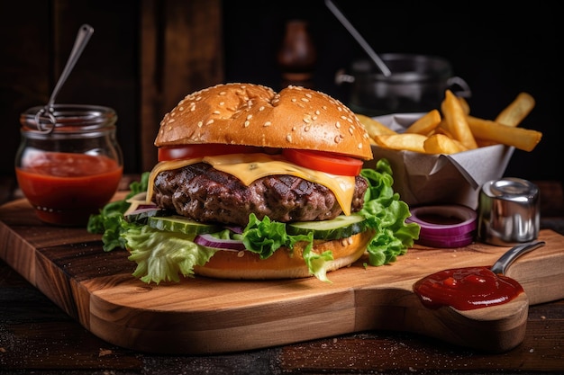 Geserveerd met tomatenketchup friet en een beef burger