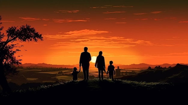 Gesilhouetteerde familie geniet van het adembenemende uitzicht op de zonsondergang op het platteland