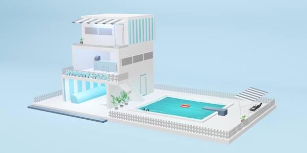 Gesimuleerd zwembad drie verdiepingen tellend gebouw cartoon model blauwe pastel 3d illustratie