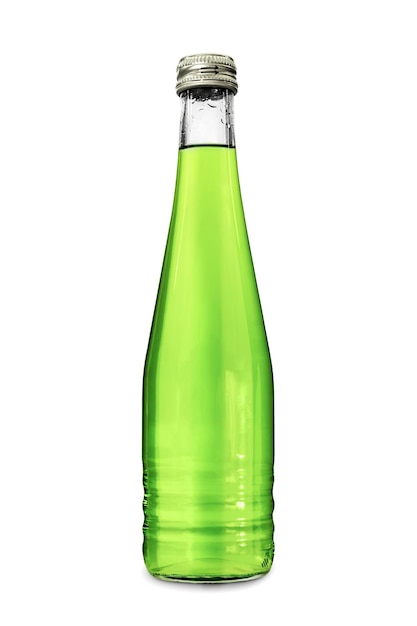 Gesloten glazen fles met frisdrank in groene kleur op een witte geïsoleerde achtergrond Element voor ontwerp Close-up