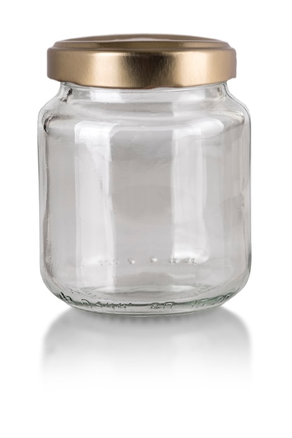 Gesloten lege glazen pot geïsoleerd op wit met uitknippad