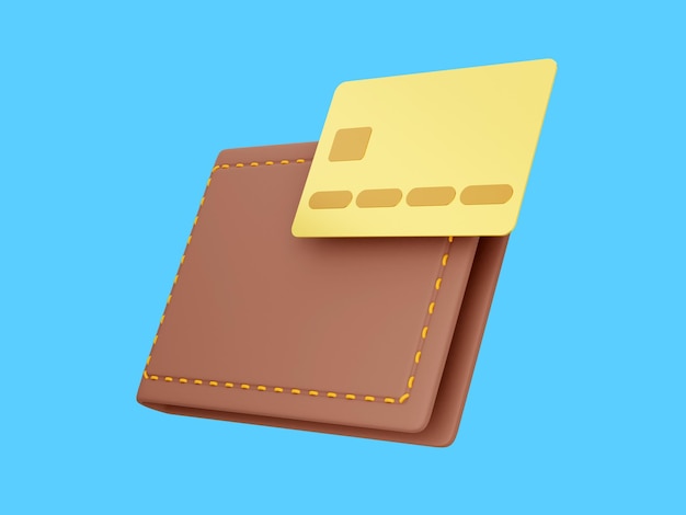 Gesloten portemonnee met creditcard op blauwe achtergrond Pictogram besparingen verrijking Betalingsconcept 3D-rendering