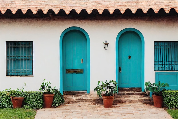 Gesloten turquoise voordeur van huis tegen de achtergrond van wit geschilderde muur