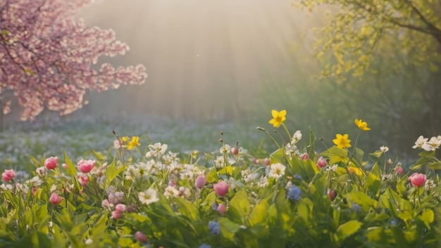 Gesloten van een verscheidenheid aan voorjaarsbloemen die bloeien onder een rustig dromerig zonlicht op een voorjaarsmorgen