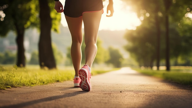 Gesloten van vrouwelijke been gaat lopen in de ochtend in het park