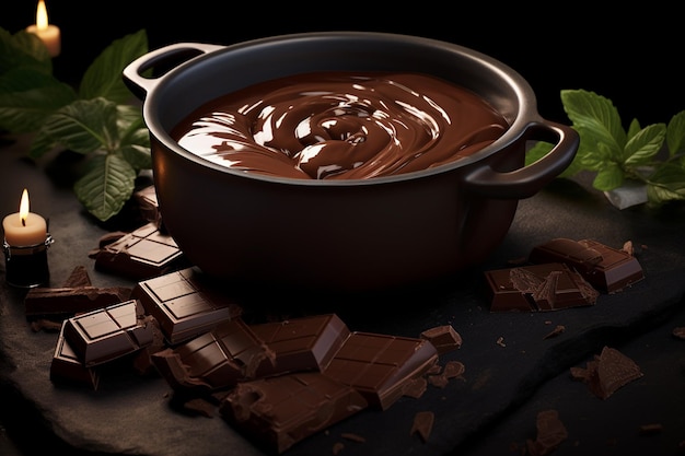 Gesmolten chocolade in een pot met stukjes chocolade eromheen