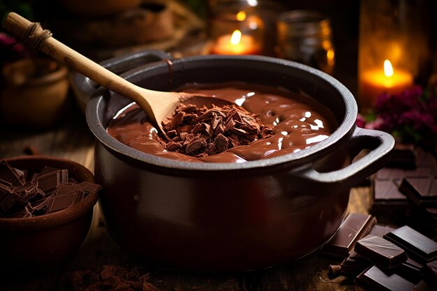 Gesmolten chocolade in een pot met stukjes chocolade eromheen