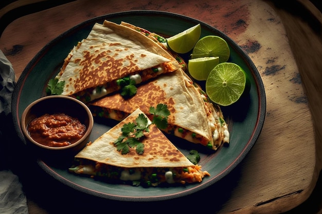 gesmolten kaas quesadilla met kip paprika uien en dip