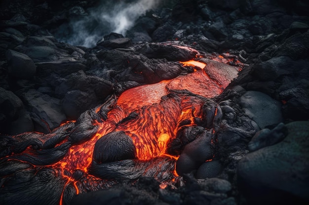 Gesmolten lava die uit de vulkaankrater stroomt met as en rook