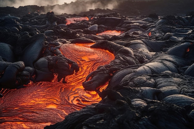 Gesmolten lava die uit de vulkaankrater stroomt met as en rook
