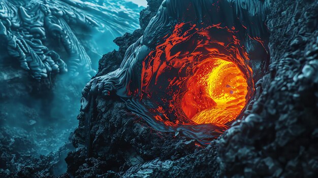 Foto gesmolten lava stroomt uit een vulkaan de lava is van een gloeiende oranje kleur en wordt omringd door zwarte rotsen