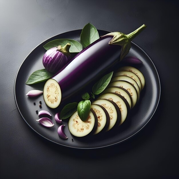 Foto gesneden aubergine op een bord met plakjes op een zwart oppervlak