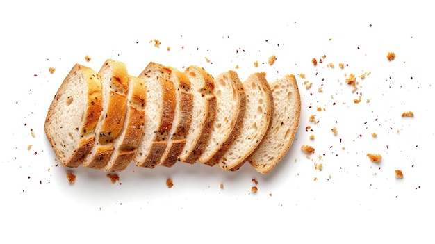 Foto gesneden brood geïsoleerd op een witte achtergrond snijden brood en kruimels gezien van boven
