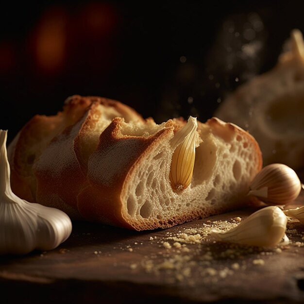 gesneden brood met knoflook en knoflook op een snijplank generatieve ai