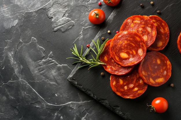 Gesneden chorizo kersen tomaten en rozemarijn op een leisteenplank tegen een grijze achtergrond