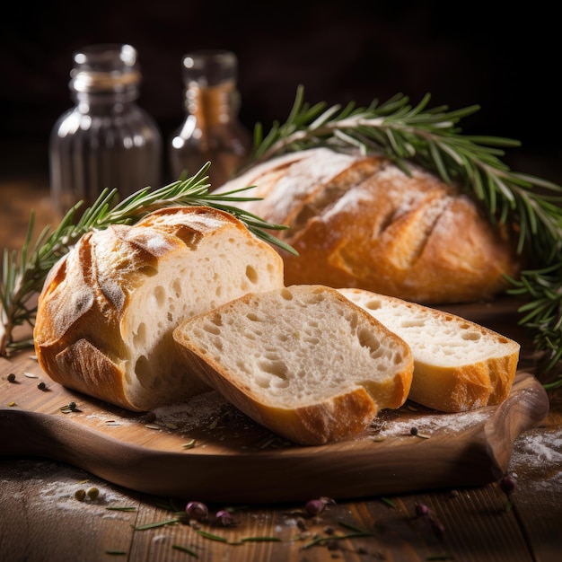 Gesneden ciabatta brood en rozemarijn op een houten tafel met een donkere achtergrond Generatieve AI