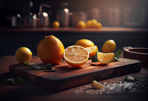 Gesneden citroenen op een houten bord op een donkere achtergrond Ingrediënten voor limonade AI gegenereerd