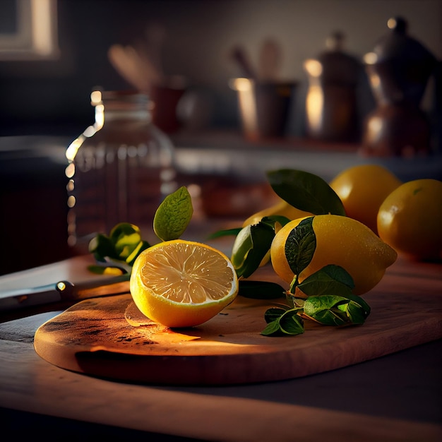 Gesneden citroenen op een houten bord op een donkere achtergrond Ingrediënten voor limonade AI gegenereerd