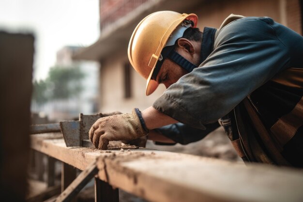 Gesneden foto van een bouwer die aan de bouw werkt op een bouwplaats gemaakt met generatieve AI