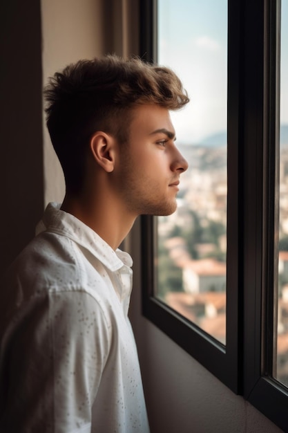 Gesneden foto van een knappe jonge man die naar het uitzicht kijkt gemaakt met generatieve AI