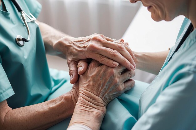 Gesneden foto van een vrouwelijke verpleegster die haar oudere patiënten de hand vasthoudt en ondersteuning geeft Dokter die een oude patiënt met de ziekte van Alzheimer helpt Vrouwelijke verzorger die de handen van een oudere man vasthoudt