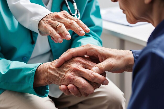 Foto gesneden foto van een vrouwelijke verpleegster die haar oudere patiënten de hand vasthoudt en ondersteuning geeft dokter die een oude patiënt met de ziekte van alzheimer helpt vrouwelijke verzorger die de handen van een oudere man vasthoudt