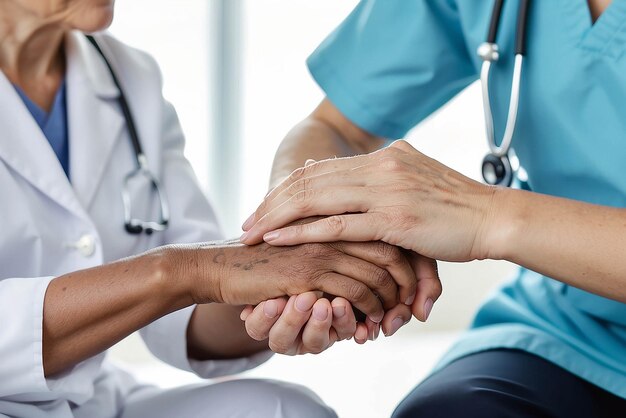 Foto gesneden foto van een vrouwelijke verpleegster die haar oudere patiënten de hand vasthoudt en ondersteuning geeft dokter die een oude patiënt met de ziekte van alzheimer helpt vrouwelijke verzorger die de handen van een oudere man vasthoudt