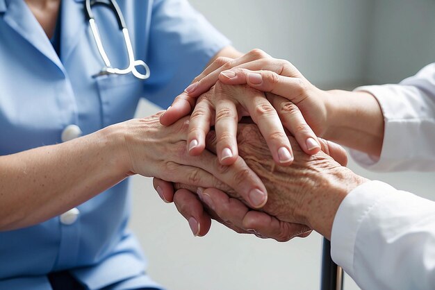 Foto gesneden foto van een vrouwelijke verpleegster die haar oudere patiënten de hand vasthoudt en ondersteuning geeft dokter die een oude patiënt met de ziekte van alzheimer helpt vrouwelijke verzorger die de handen van een oudere man vasthoudt