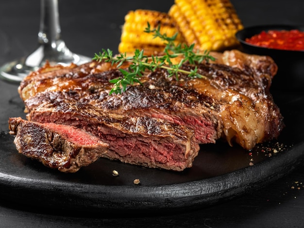 Gesneden gebakken gekruide sappige steaks met kruiden op een donker bord gegrilde maïs rode saus en glas op een zwarte achtergrond Close-up shot Zijaanzicht