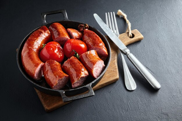 Gesneden gebakken vette varkenswors en gegrilde tomaten op een zwarte gietijzeren pan