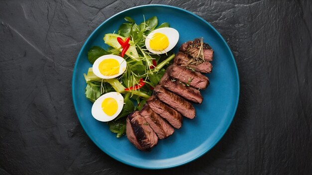 Gesneden gegrilde rundvlees steak geserveerd met groene salade met eieren