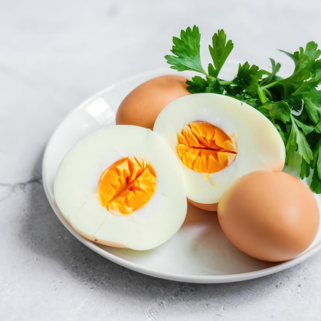 Gesneden gekookte eieren versierd met peterseliebladeren