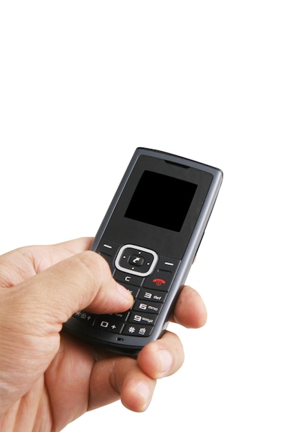 Gesneden hand met een mobiele telefoon op een witte achtergrond