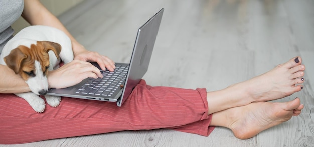 Gesneden handen van een vrouw met een laptop.