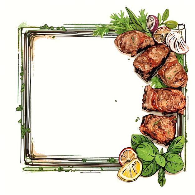 Gesneden houten frame met lamskebab, gegrilde groenten en Mi aquarel Nowruz Iran Festival Frame