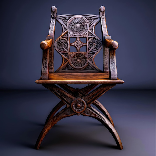 Gesneden houten stoel op donkere achtergrond Versierde details en ingewikkelde patronen