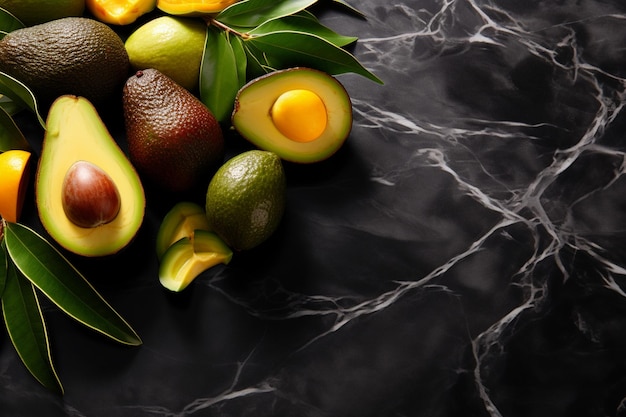 Gesneden mango's en rijpe avocado's op marmeren oppervlak