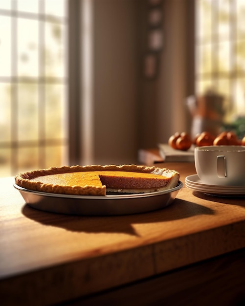 Foto gesneden pompoen taart op een houten tafel in de keuken vervaagde achtergrond ai gegenereerd