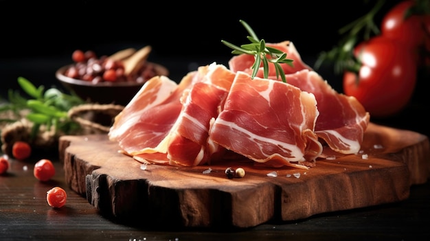 Gesneden prosciutto op een houten bord