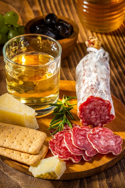 Gesneden Salame op Houten Plaat met Kaas en Wijn Italiaans Voorgerecht