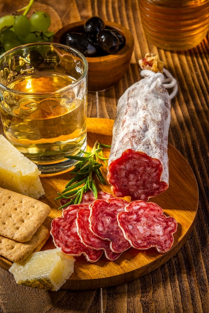 Gesneden Salame op Houten Plaat met Kaas en Wijn Italiaans Voorgerecht