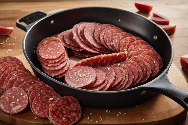 Gesneden salami wordt in een pan gegooid