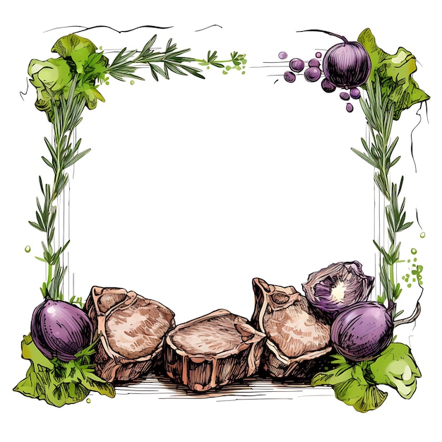 Gesneden stenen frame met lamskoteletten, gegrilde aubergine en munt aquarel Nowruz Iran Festival Frame