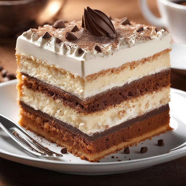 gesneden tiramisu cake met room en chocolade topping