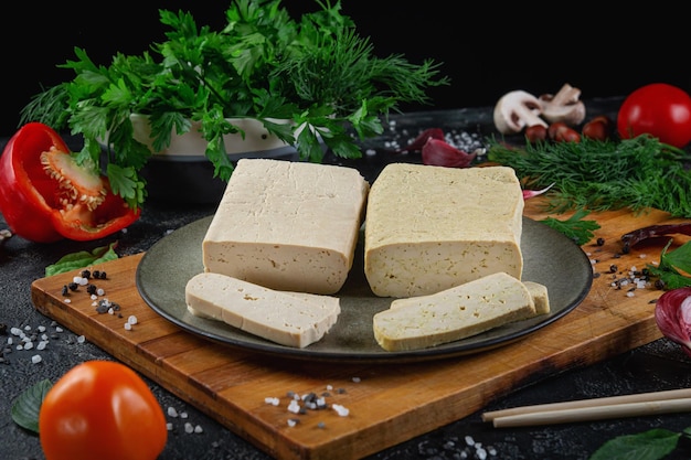 Gesneden tofu sojakaas op een snijplank met basilicum kruiden en groenten